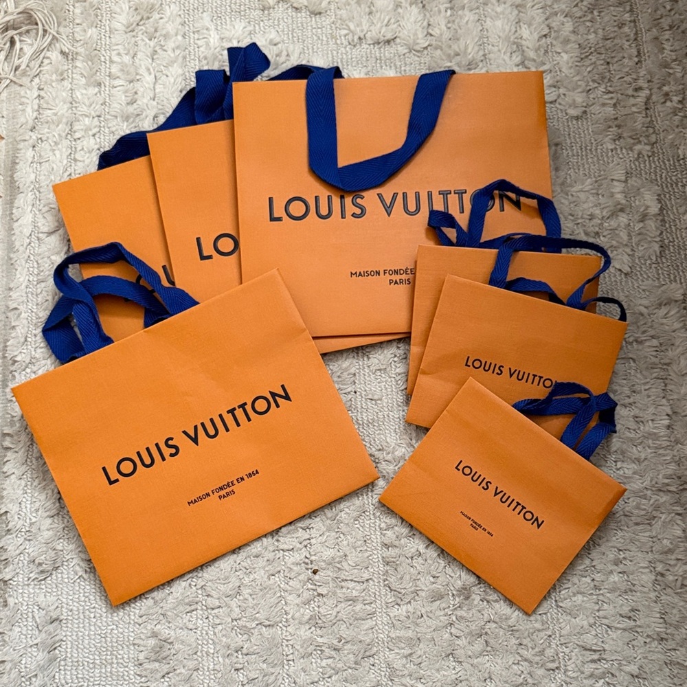 Authentic Louis Vuitton Paper Orange Shopping Bags with Blue Handles-7 bags